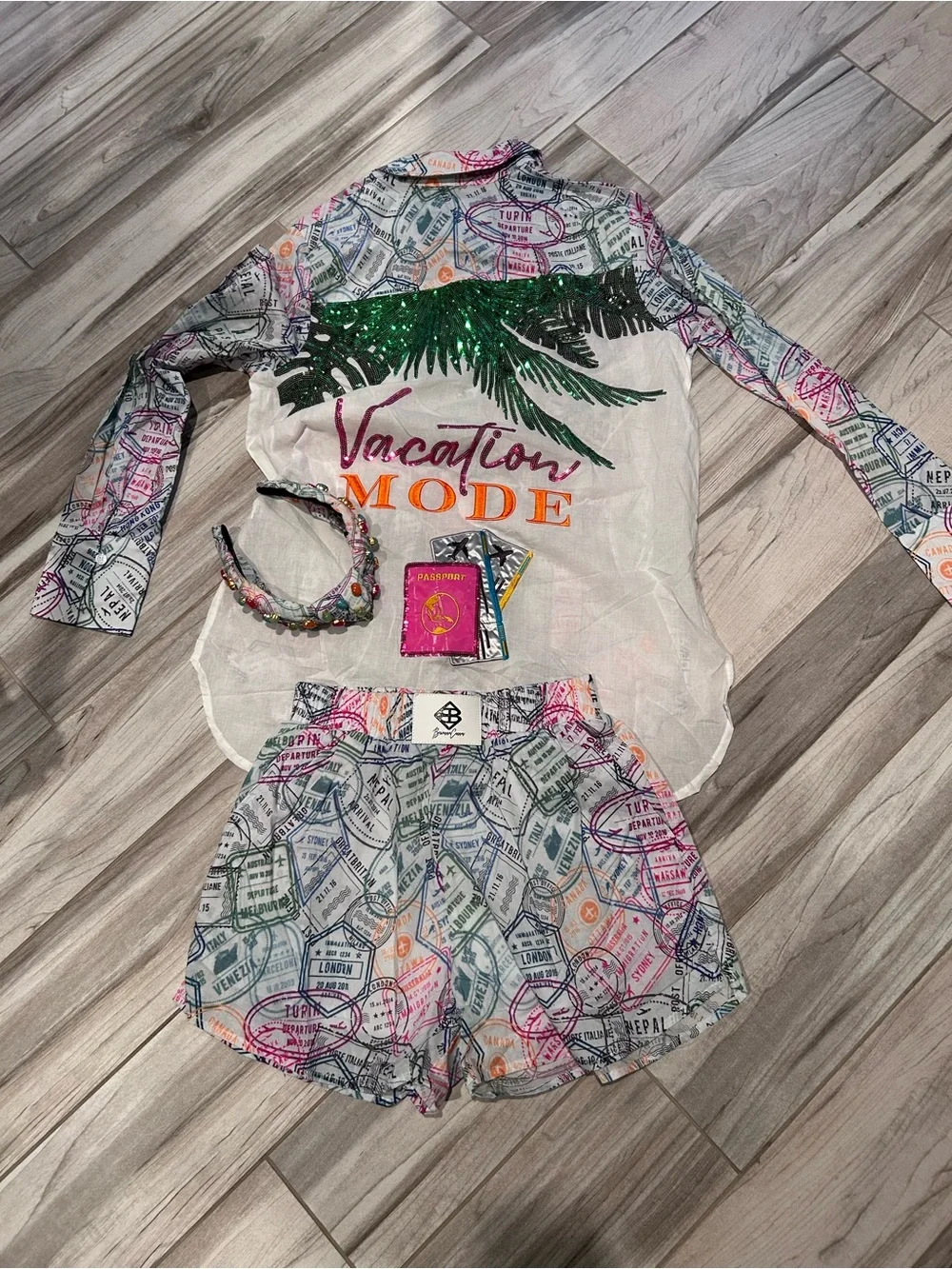 Brianna Canon Vacation Mode Sheer Travel Shirt & Printed Shorts Set - Multicolor